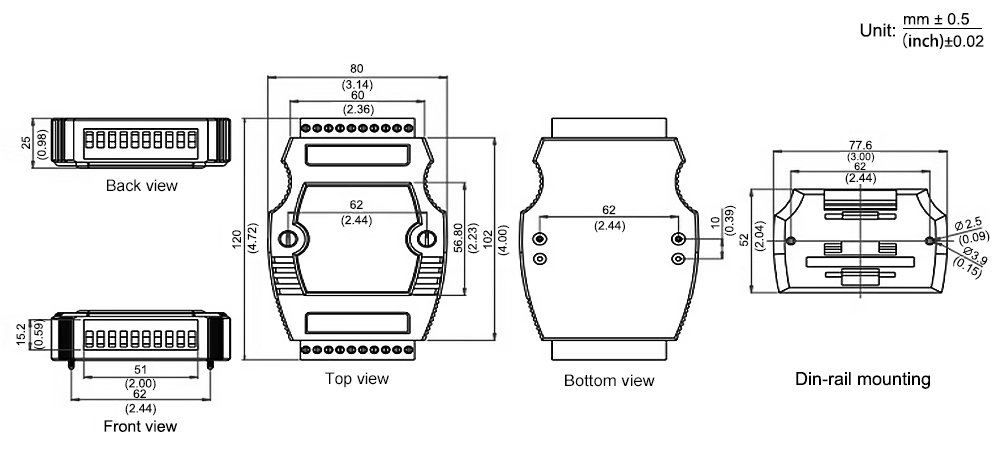 dimension-of-RS232-to-RS485-hub-of-4-ports