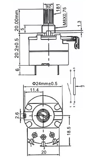 250k rotary potentiometers dimension