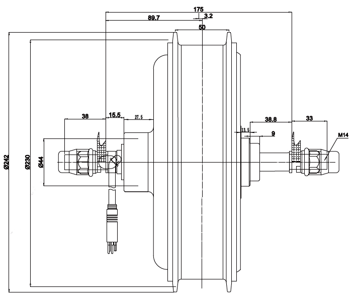3000w gearless hub motor dimension