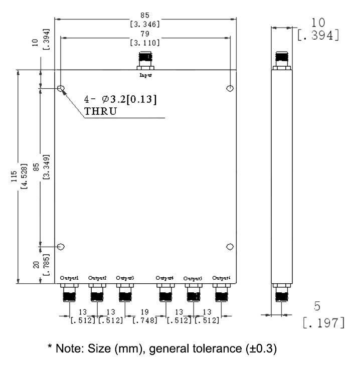 6 GHz 6 way microstrip power divider dimension