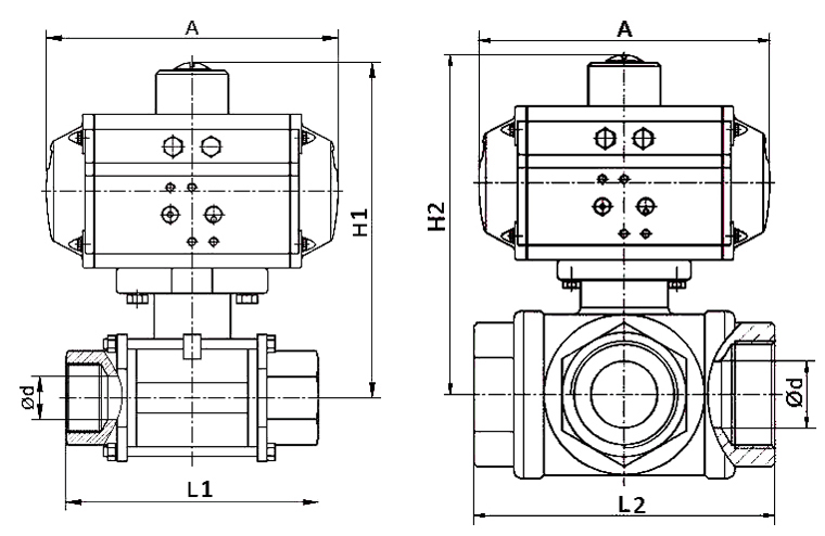 2 way 3 way stainless steel threaded type pneumatic ball valve dimension