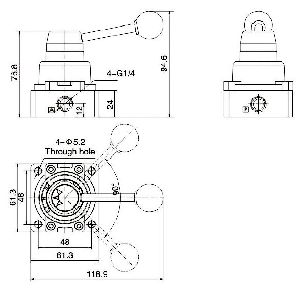 Dimensions of 4 Way 2 Position Pneumatic Hand Lever Valve