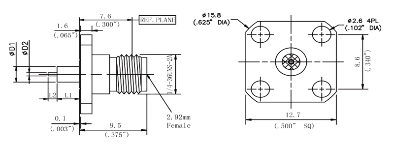 2.92mm female flange mount RF coaxial connector dimension