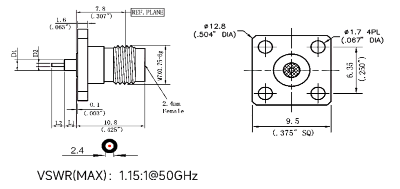 2.4mm female flange mount RF coaxial connector dimension