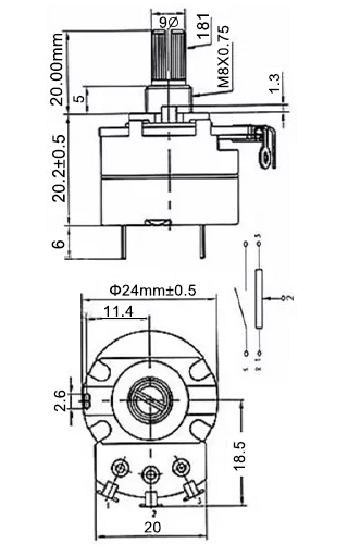 100k rotary potentiometers dimension