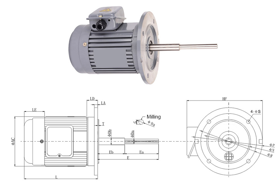 Dimensions of 1/3 hp 160mm Long Shaft Induction Motor, 2700 rpm