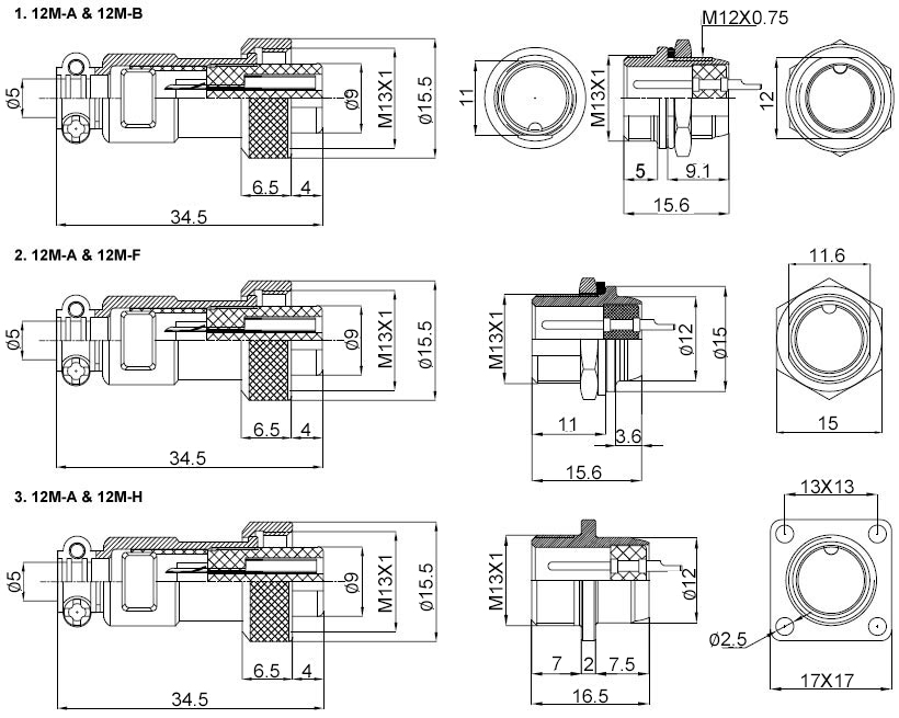 Circular connector 2 to 6 pin m13 dimensional drawing