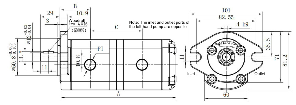 Dimensions of Hydraulic Tandem Gear Pump, 3600 psi