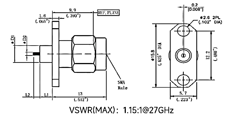 SMA male flange RF coaxial connector dimension
