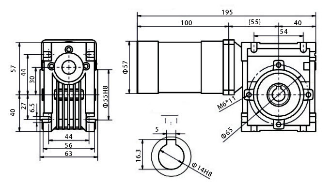 Dimensions of 150 W DC Worm Gear Motor
