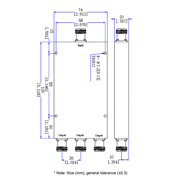 6 GHz 3 way coaxial power divider dimension