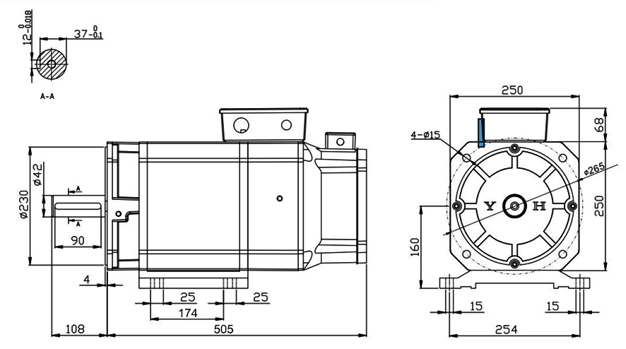 11 kW AC Servo Spindle Motor Installation Dimension, Horizontal