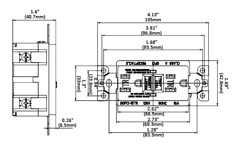 Dimenisons of 20 amp GFCI outlet