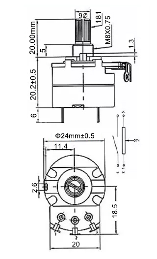 20k rotary potentiometers dimension