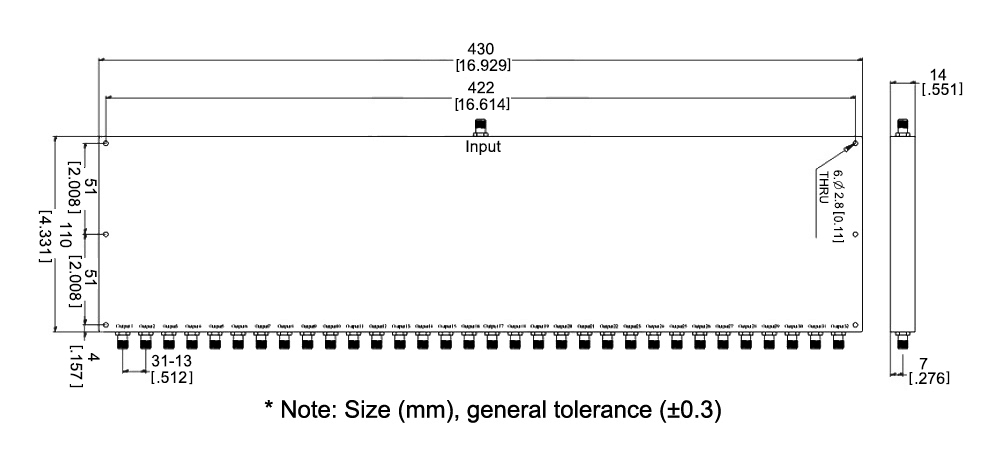 2.7 GHz 32 way RF power divider dimension