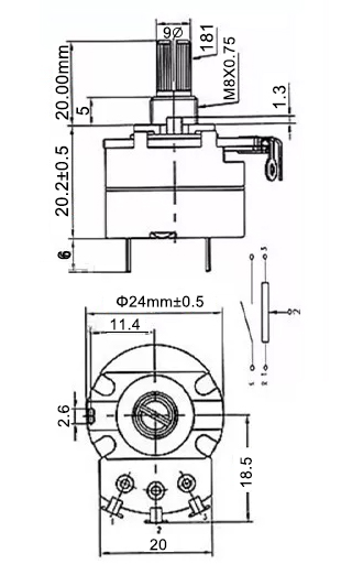 10k rotary potentiometers dimension