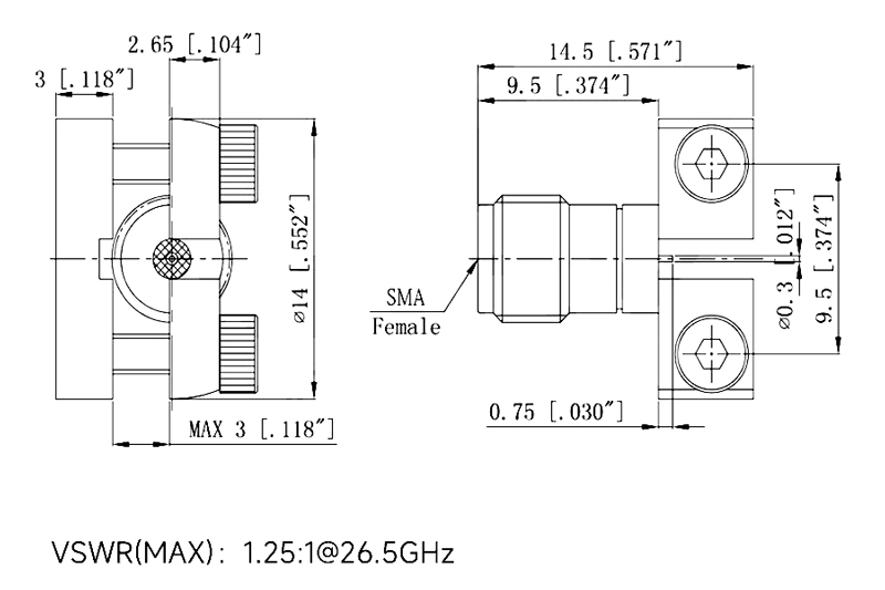 SMA female RF coaxial connector PCB edge mount dimension