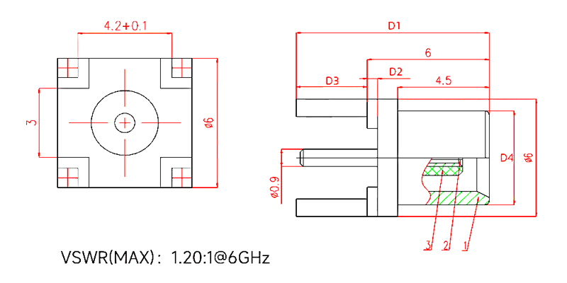 MCX 4 pin RF coaxial connector PCB mount dimension