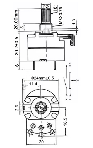500k rotary potentiometers dimension