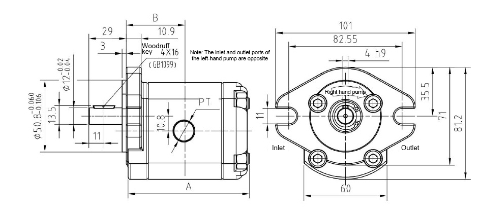 Dimensions of Hydraulic Single Gear Pump, 3600 psi