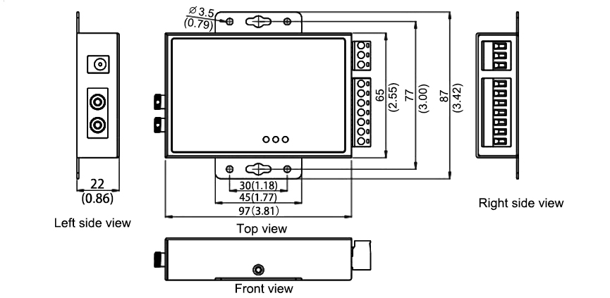 Dimension of RS485 to fiber converter