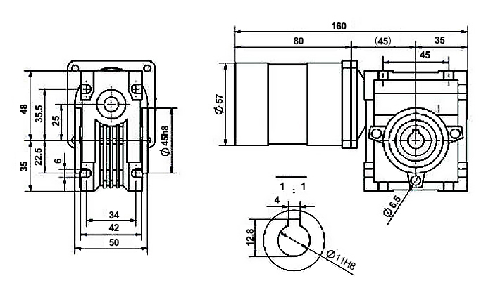 Dimensions of 50W 12V/ 24V DC Worm Gear Motor
