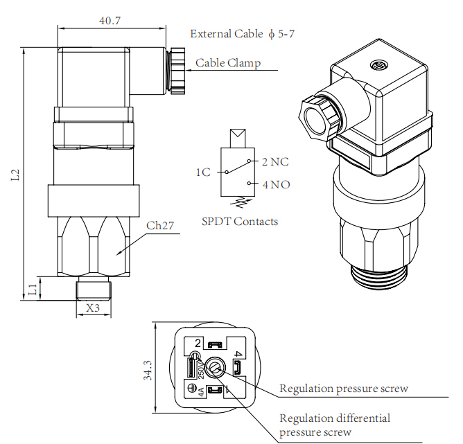 Dimension of pressure switch