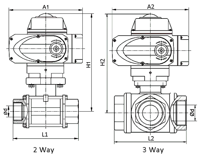2 way 3 way stainless steel threaded type electric ball valve dimension