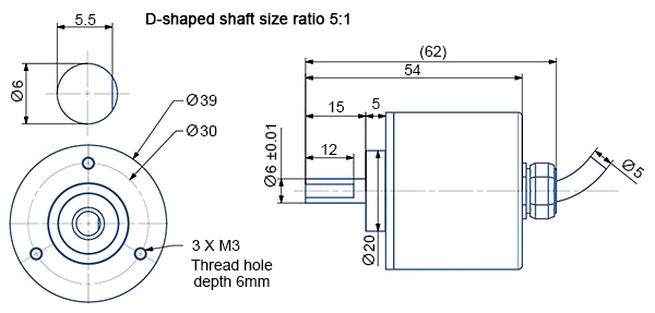 Dimension od rotary encoder of 6mm of IP67